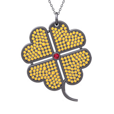 Büyük Yonca Kolye - Rodolit garnet ve sitrin 925 ayar siyah rodyum kaplama gümüş kolye (40 cm gümüş rolo zincir) #14yswk4