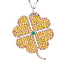 Büyük Yonca Kolye - Kök zümrüt ve sitrin 8 ayar rose altın kolye (40 cm gümüş rolo zincir) #14yvb62