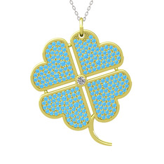 Büyük Yonca Kolye - Pırlanta ve akuamarin 925 ayar altın kaplama gümüş kolye (0.11 karat, 40 cm gümüş rolo zincir) #150t72o