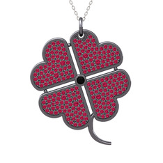 Büyük Yonca Kolye - Siyah zirkon ve rodolit garnet 925 ayar siyah rodyum kaplama gümüş kolye (40 cm gümüş rolo zincir) #15gr0xt