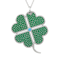 Büyük Yonca Kolye - Akuamarin ve yeşil kuvars 18 ayar beyaz altın kolye (40 cm beyaz altın rolo zincir) #15jvagx