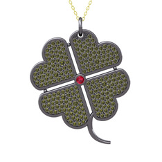 Büyük Yonca Kolye - Rodolit garnet ve peridot 925 ayar siyah rodyum kaplama gümüş kolye (40 cm altın rolo zincir) #1612lrx