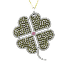 Pembe kuvars ve peridot 925 ayar gümüş kolye (40 cm altın rolo zincir)