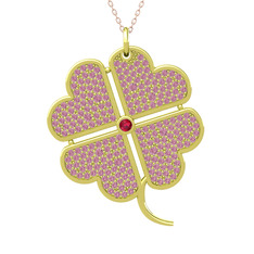 Büyük Yonca Kolye - Rodolit garnet ve pembe kuvars 8 ayar altın kolye (40 cm rose altın rolo zincir) #173ptof
