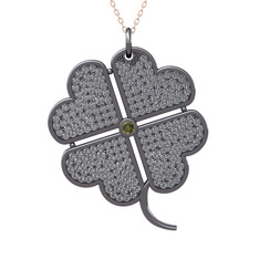 Peridot ve pırlanta 925 ayar siyah rodyum kaplama gümüş kolye (3.3 karat, 40 cm rose altın rolo zincir)