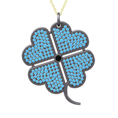 Büyük Yonca Kolye - Siyah zirkon ve akuamarin 925 ayar siyah rodyum kaplama gümüş kolye (40 cm gümüş rolo zincir) #176oi6c