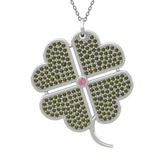 Pembe kuvars ve peridot 14 ayar beyaz altın kolye (40 cm gümüş rolo zincir)