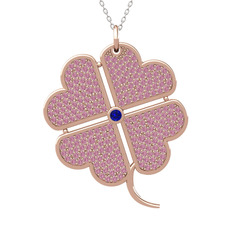 Lab safir ve pembe kuvars 18 ayar rose altın kolye (40 cm beyaz altın rolo zincir)
