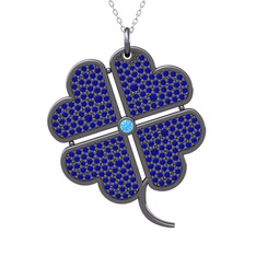 Büyük Yonca Kolye - Akuamarin ve lab safir 925 ayar siyah rodyum kaplama gümüş kolye (40 cm gümüş rolo zincir) #17mry59