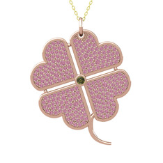 Büyük Yonca Kolye - Peridot ve pembe kuvars 8 ayar rose altın kolye (40 cm altın rolo zincir) #17zjobp