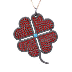 Büyük Yonca Kolye - Akuamarin ve garnet 925 ayar siyah rodyum kaplama gümüş kolye (40 cm rose altın rolo zincir) #18fvmel