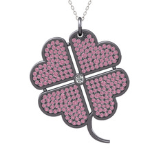 Büyük Yonca Kolye - Pırlanta ve pembe kuvars 925 ayar siyah rodyum kaplama gümüş kolye (0.11 karat, 40 cm beyaz altın rolo zincir) #18ifw11