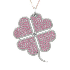 Büyük Yonca Kolye - Beyaz zirkon ve pembe kuvars 18 ayar beyaz altın kolye (40 cm gümüş rolo zincir) #18wycue