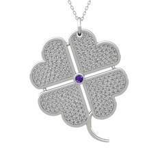 Büyük Yonca Kolye - Ametist ve swarovski 8 ayar beyaz altın kolye (40 cm beyaz altın rolo zincir) #1955rq