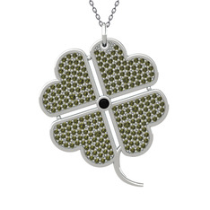 Büyük Yonca Kolye - Siyah zirkon ve peridot 14 ayar beyaz altın kolye (40 cm gümüş rolo zincir) #19glqyz