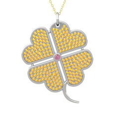 Büyük Yonca Kolye - Pembe kuvars ve sitrin 14 ayar beyaz altın kolye (40 cm altın rolo zincir) #1a9wlfc