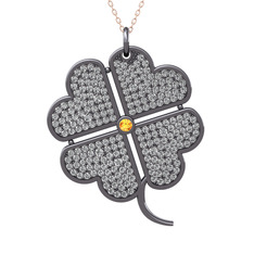 Büyük Yonca Kolye - Sitrin ve swarovski 925 ayar siyah rodyum kaplama gümüş kolye (40 cm rose altın rolo zincir) #1aa28rq