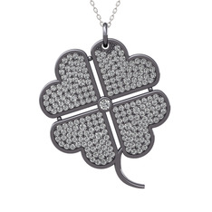 Büyük Yonca Kolye - Pırlanta ve beyaz zirkon 925 ayar siyah rodyum kaplama gümüş kolye (0.11 karat, 40 cm beyaz altın rolo zincir) #1abxu5f