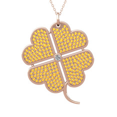 Büyük Yonca Kolye - Pırlanta ve sitrin 8 ayar rose altın kolye (0.11 karat, 40 cm rose altın rolo zincir) #1bpbd3r