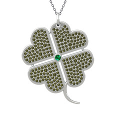 Büyük Yonca Kolye - Yeşil kuvars ve peridot 14 ayar beyaz altın kolye (40 cm gümüş rolo zincir) #1bvc2w5