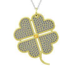 Büyük Yonca Kolye - Sitrin ve pırlanta 18 ayar altın kolye (3.3 karat, 40 cm gümüş rolo zincir) #1c9q743