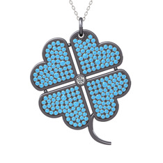 Büyük Yonca Kolye - Swarovski ve akuamarin 925 ayar siyah rodyum kaplama gümüş kolye (40 cm beyaz altın rolo zincir) #1ckoc76