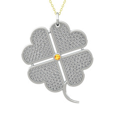 Büyük Yonca Kolye - Sitrin ve swarovski 8 ayar beyaz altın kolye (40 cm gümüş rolo zincir) #1e90yc5