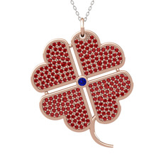 Büyük Yonca Kolye - Lab safir ve garnet 925 ayar rose altın kaplama gümüş kolye (40 cm beyaz altın rolo zincir) #1ehdg3q