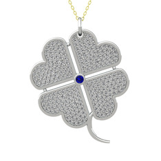 Büyük Yonca Kolye - Lab safir ve swarovski 14 ayar beyaz altın kolye (40 cm altın rolo zincir) #1en1vsr