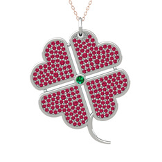 Yeşil kuvars ve rodolit garnet 14 ayar beyaz altın kolye (40 cm gümüş rolo zincir)
