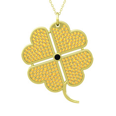 Büyük Yonca Kolye - Siyah zirkon ve sitrin 14 ayar altın kolye (40 cm altın rolo zincir) #1ffsqio