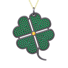 Sitrin ve yeşil kuvars 925 ayar siyah rodyum kaplama gümüş kolye (40 cm altın rolo zincir)