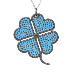 Büyük Yonca Kolye - Peridot ve akuamarin 925 ayar siyah rodyum kaplama gümüş kolye (40 cm beyaz altın rolo zincir) #1finrno