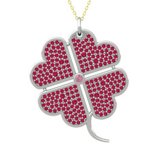 Büyük Yonca Kolye - Pembe kuvars ve rodolit garnet 8 ayar beyaz altın kolye (40 cm altın rolo zincir) #1fll1aw