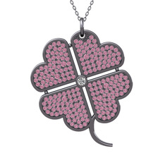 Büyük Yonca Kolye - Swarovski ve pembe kuvars 925 ayar siyah rodyum kaplama gümüş kolye (40 cm gümüş rolo zincir) #1fqqt2x