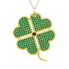 Büyük Yonca Kolye - Kök yakut ve yeşil kuvars 18 ayar altın kolye (40 cm gümüş rolo zincir) #1fyuzz8