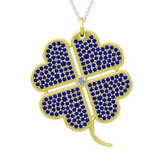 Büyük Yonca Kolye - Swarovski ve lab safir 14 ayar altın kolye (40 cm rose altın rolo zincir) #1gb9p6z