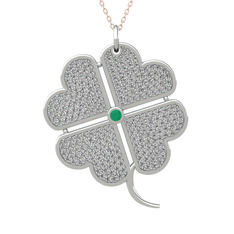 Büyük Yonca Kolye - Kök zümrüt ve beyaz zirkon 18 ayar beyaz altın kolye (40 cm rose altın rolo zincir) #1gcxctt