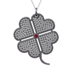 Büyük Yonca Kolye - Kök yakut ve swarovski 925 ayar siyah rodyum kaplama gümüş kolye (40 cm beyaz altın rolo zincir) #1gczt31