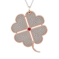 Büyük Yonca Kolye - Rodolit garnet ve beyaz zirkon 14 ayar rose altın kolye (40 cm beyaz altın rolo zincir) #1gg1cir