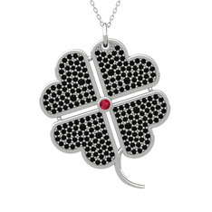 Rodolit garnet ve siyah zirkon 14 ayar beyaz altın kolye (40 cm gümüş rolo zincir)