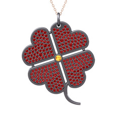 Büyük Yonca Kolye - Sitrin ve garnet 925 ayar siyah rodyum kaplama gümüş kolye (40 cm rose altın rolo zincir) #1iioxny