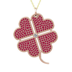Büyük Yonca Kolye - Pırlanta ve rodolit garnet 18 ayar rose altın kolye (0.11 karat, 40 cm altın rolo zincir) #1jy9t6r