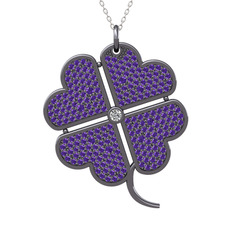 Büyük Yonca Kolye - Swarovski ve ametist 925 ayar siyah rodyum kaplama gümüş kolye (40 cm beyaz altın rolo zincir) #1k0zkpl