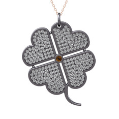 Büyük Yonca Kolye - Dumanlı kuvars ve swarovski 925 ayar siyah rodyum kaplama gümüş kolye (40 cm rose altın rolo zincir) #1kt4v9r