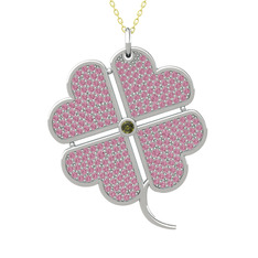 Büyük Yonca Kolye - Peridot ve pembe kuvars 18 ayar beyaz altın kolye (40 cm altın rolo zincir) #1kv041k