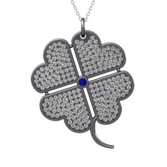Büyük Yonca Kolye - Lab safir ve swarovski 925 ayar siyah rodyum kaplama gümüş kolye (40 cm beyaz altın rolo zincir) #1kwl5lb