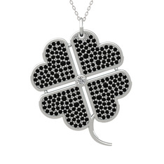 Büyük Yonca Kolye - Swarovski ve siyah zirkon 925 ayar gümüş kolye (40 cm beyaz altın rolo zincir) #1l5svdz