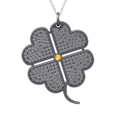 Büyük Yonca Kolye - Sitrin ve pırlanta 925 ayar siyah rodyum kaplama gümüş kolye (3.3 karat, 40 cm beyaz altın rolo zincir) #1lcpj33