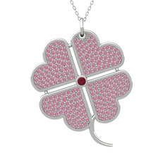 Büyük Yonca Kolye - Kök yakut ve pembe kuvars 8 ayar beyaz altın kolye (40 cm beyaz altın rolo zincir) #1lmivg6